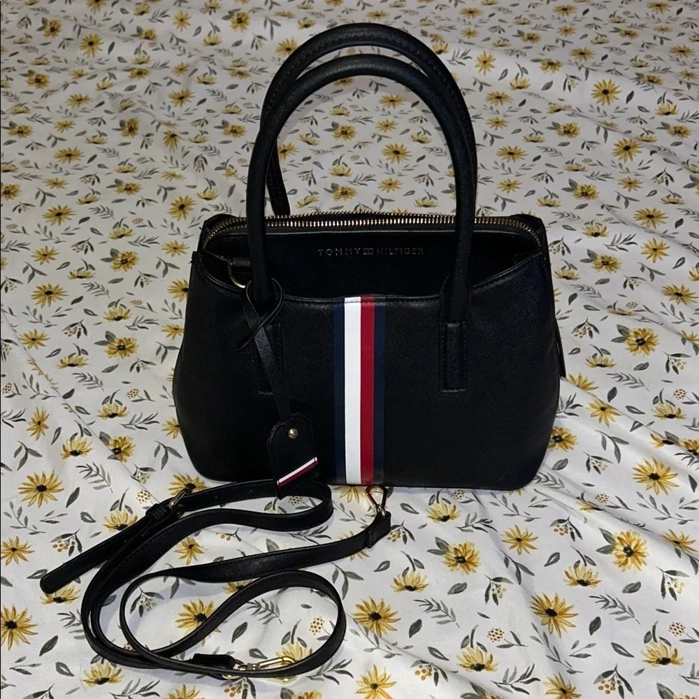 Tommy Hilfiger Black Cleo Small Satchel Red White Blue
